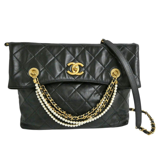 Chanel Chain Shoulder Bag 2-Way Black Gold Pearl Lambskin