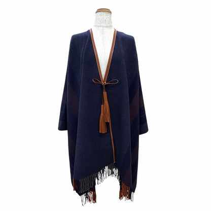 Hermes Rocabar Wool Cashmere Fringe Cape Poncho with Tassels Navy
