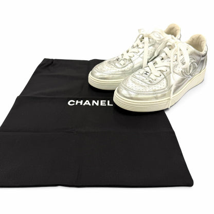 Chanel CC Logo Lace-up Leather Low-Top Sneakers Silver — view 2