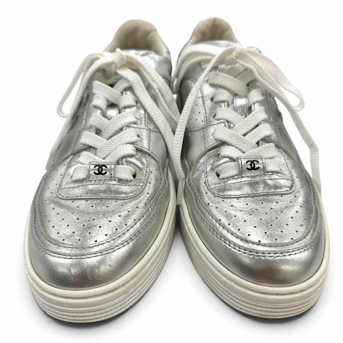Chanel CC Logo Lace-up Leather Low-Top Sneakers Silver — view 3