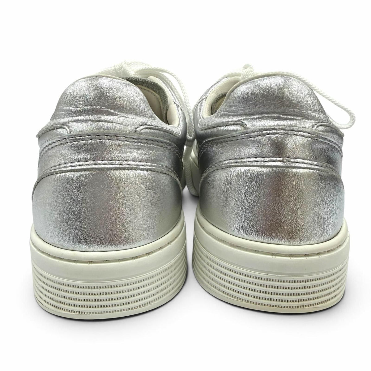 Chanel CC Logo Lace-up Leather Low-Top Sneakers Silver — view 4