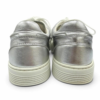 Chanel CC Logo Lace-up Leather Low-Top Sneakers Silver — view 4