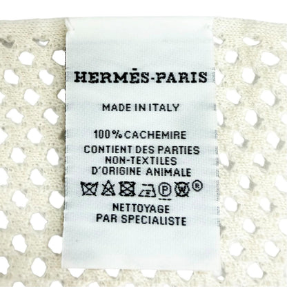 Hermes Maille Filet Cashmere 100% Logo Leather Shawl Scarf with Emblem Ivory — view 6