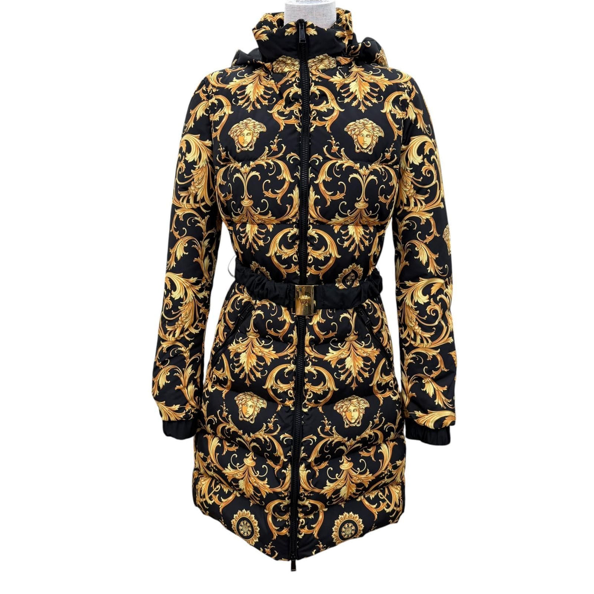 Versace Medusa Belt Baroque Long Length Down Coat Black Gold 36