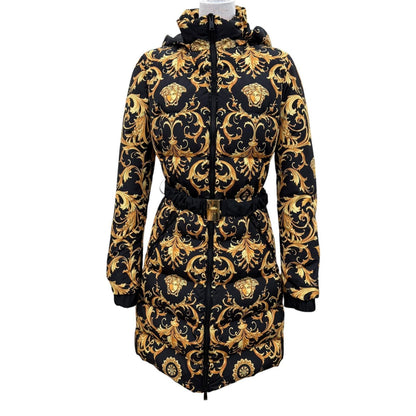 Versace Medusa Belt Baroque Long Length Down Coat Black Gold 36