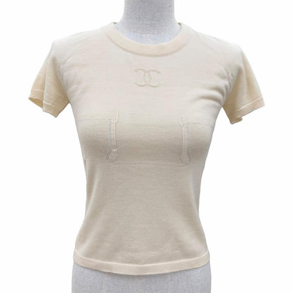 Chanel 04C Cashmere 100% CC Logo Embossed Cropped Short Sleeve Knit Beige 36