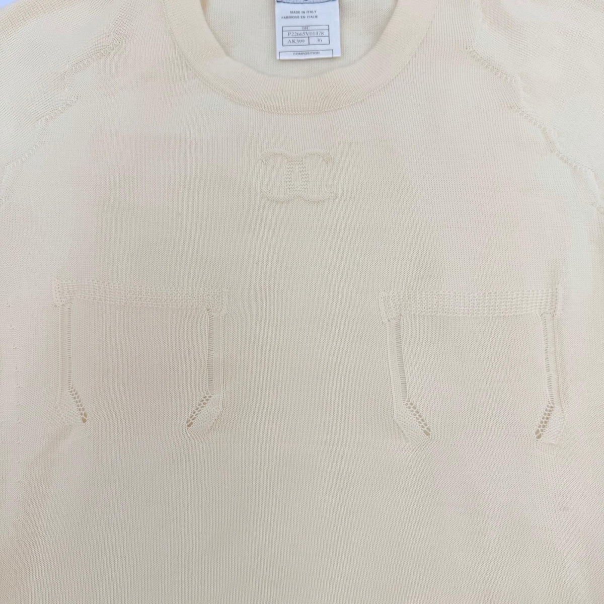 Chanel 04C Cashmere 100% CC Logo Embossed Cropped Short Sleeve Knit Beige 36 — view 5