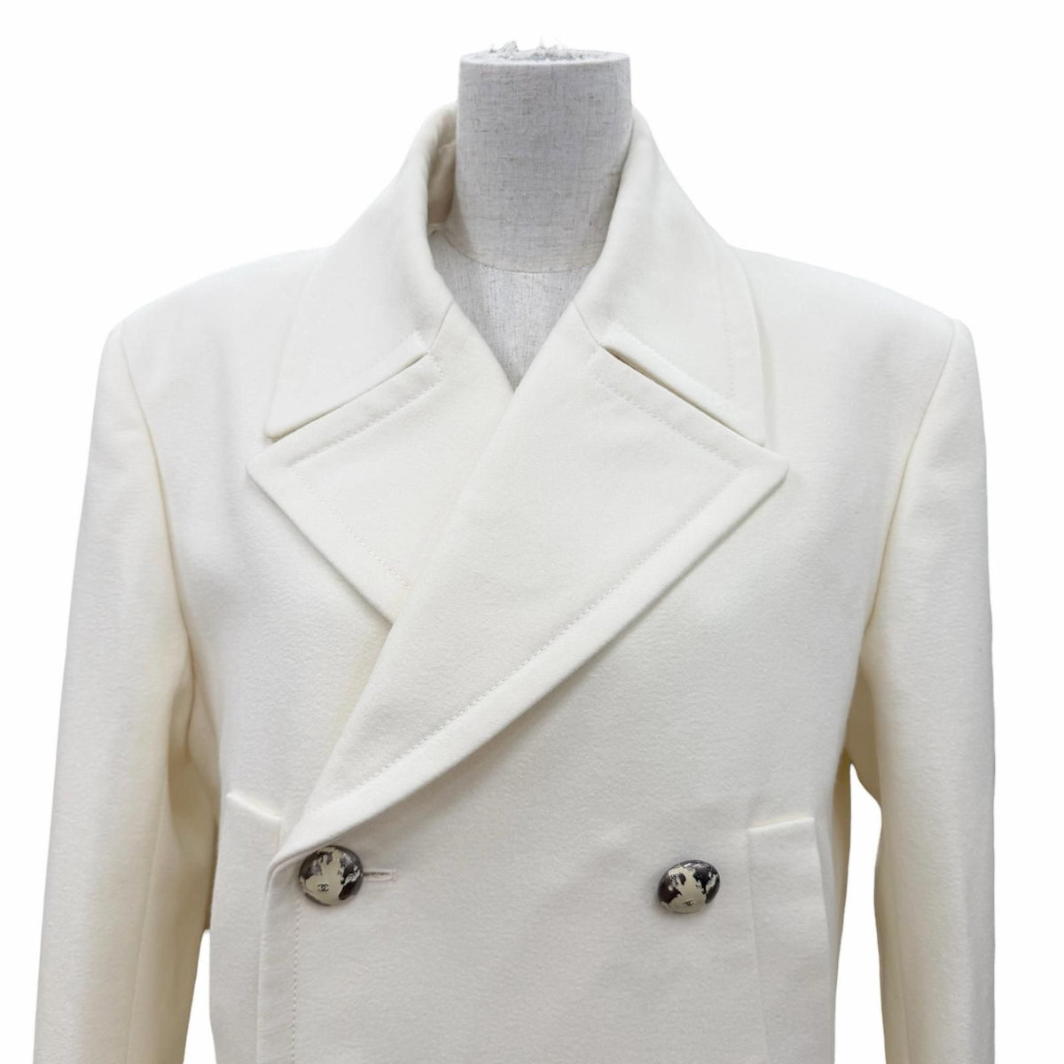 Chanel Wool Cashmere CC Logo Button Long Length Coat White 46 — view 2