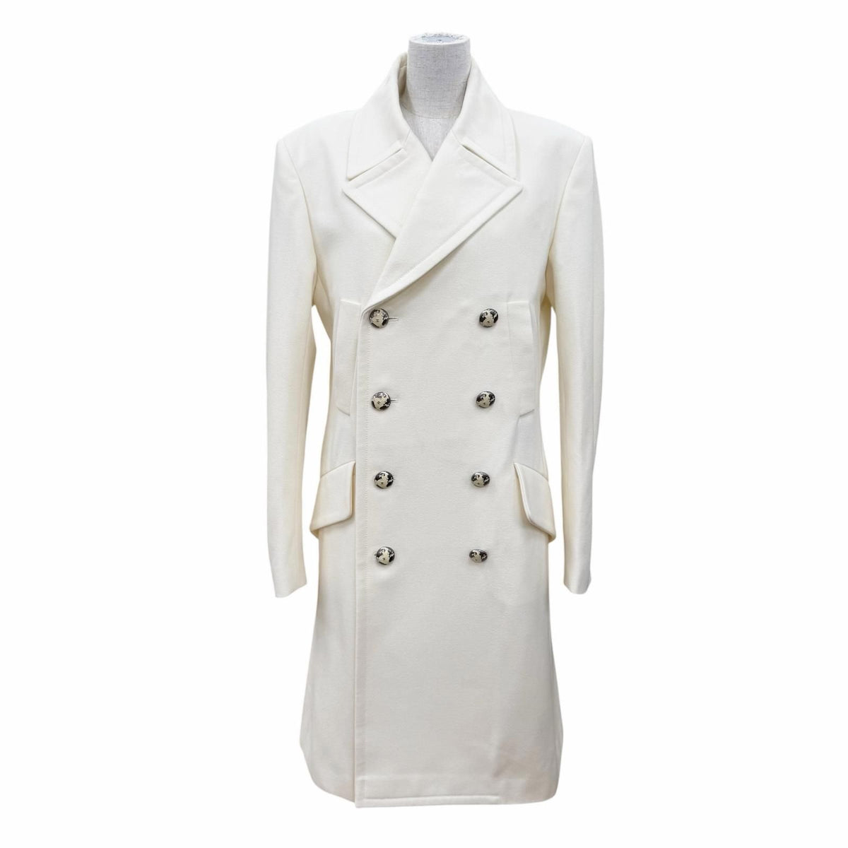 Chanel Wool Cashmere CC Logo Button Long Length Coat White 46