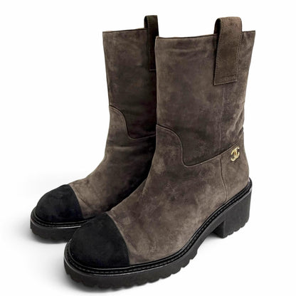 Chanel CC Logo Lining Quilted Suede Leather Ankle Boots Short Dark Brown
