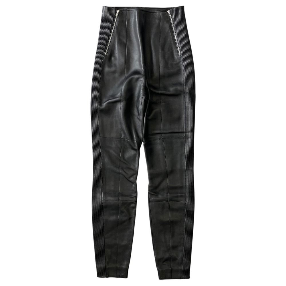 Hermes Lambskin Leather Tapered Pants Side Line Silver Black 34