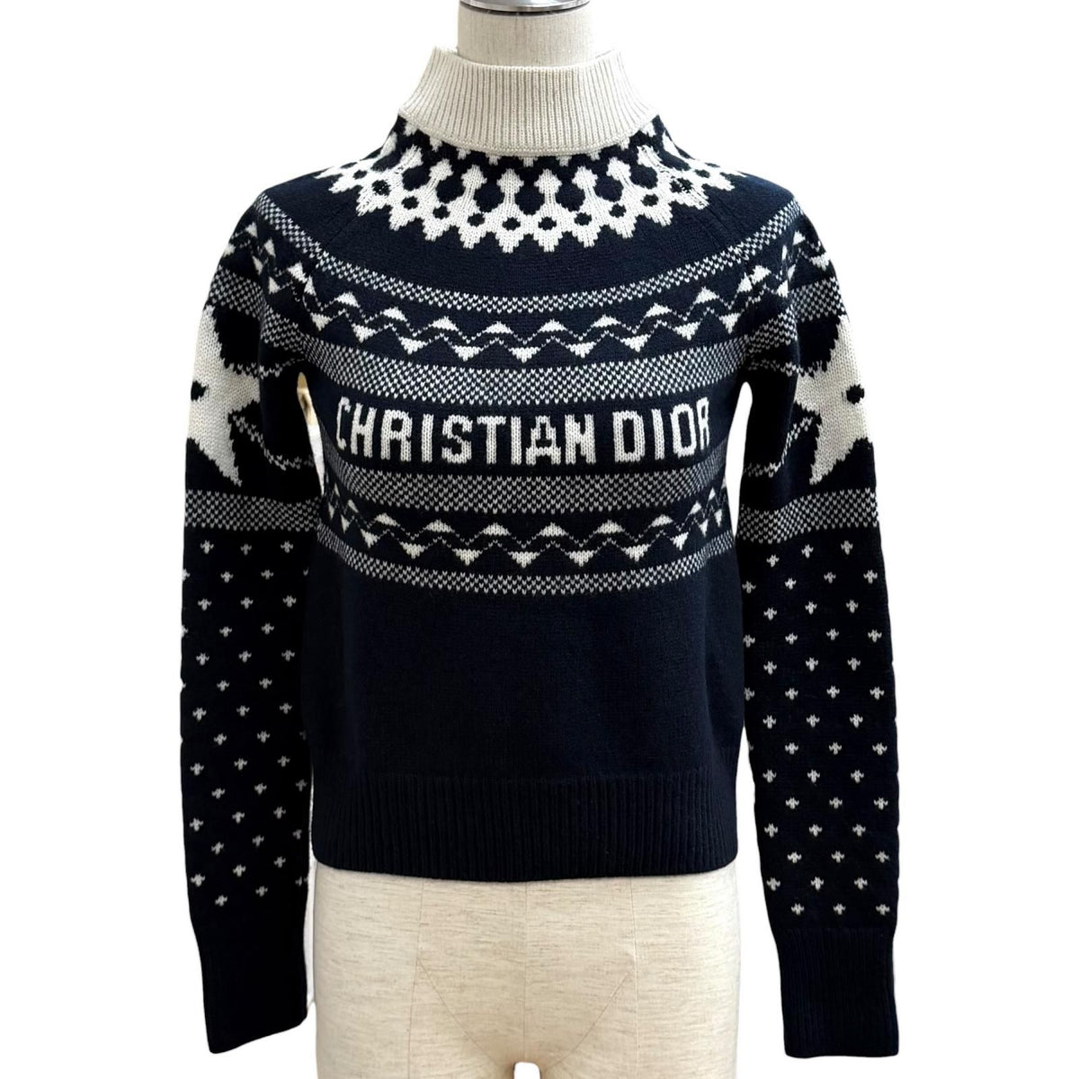 Dior Wool Cashmere Blend Logo Embroidery Nordic Pattern High Neck Sweater 38