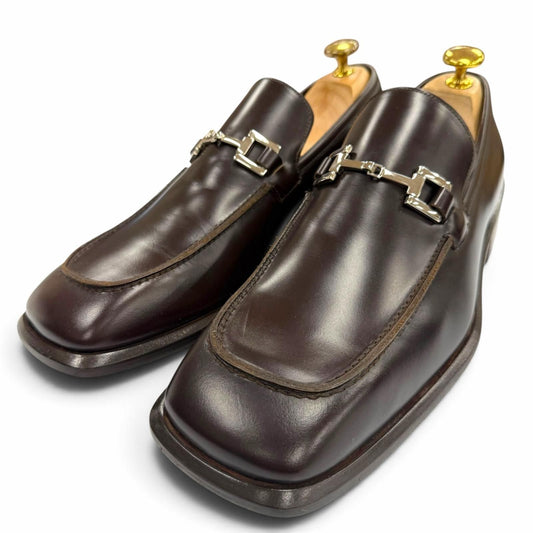 Gucci Horsebit Square Toe Leather Shoes Loafers Dark Brown Silver IT
