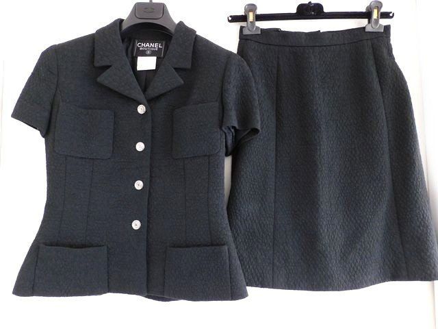 Chanel 97C Set Short Sleeve Jacket Skirt Black Suit 38