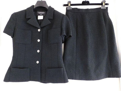 Chanel 97C Set Short Sleeve Jacket Skirt Black Suit 38