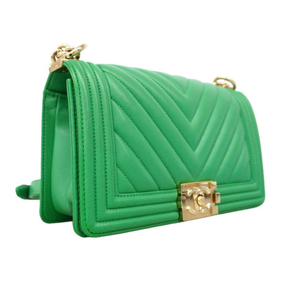 Chanel Shoulder Bag Boy V-stitch Lambskin Green Champagne Gold — view 2