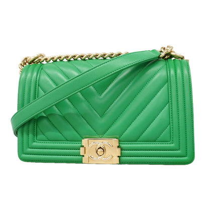 Chanel Shoulder Bag Boy V-stitch Lambskin Green Champagne Gold