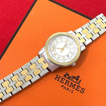 Hermes Carrick Stainless Steel Quartz Watch Wrist Silver Gold