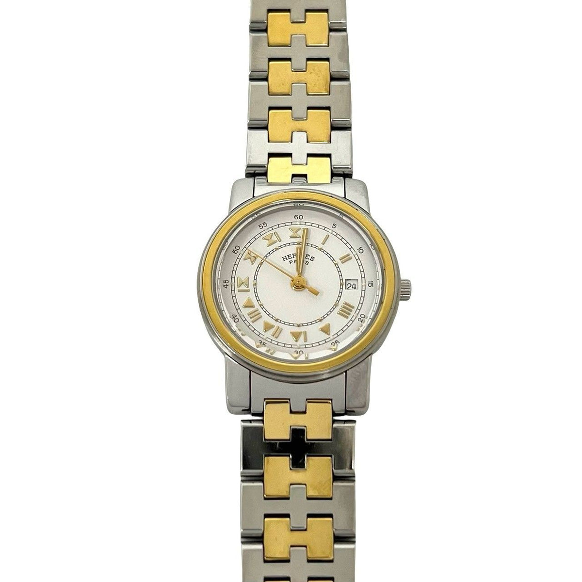 Hermes Carrick Stainless Steel Quartz Watch Wrist Silver Gold — view 4