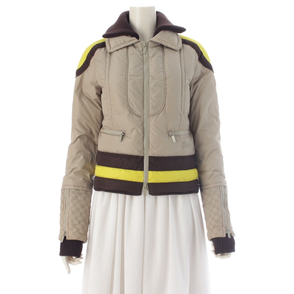 Gucci GG Contrast Cuff Multi Zip Down Jacket Style Ski Wear Thump Ring Greige