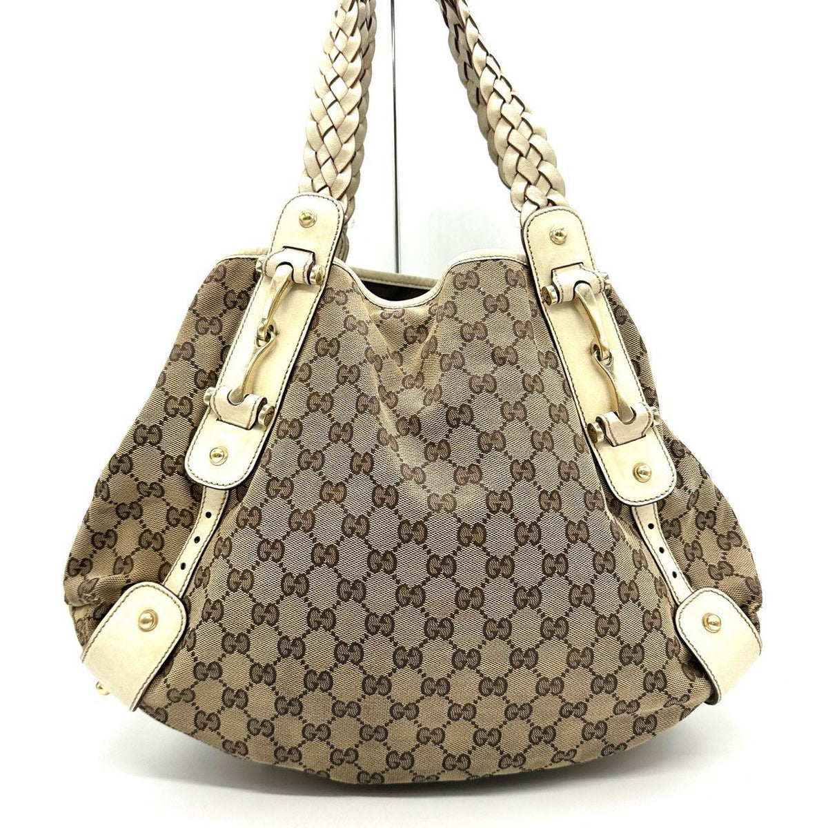 Gucci GG Canvas Tote Shoulder Bag Leather Beige