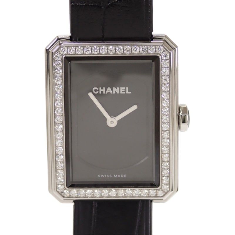 Chanel Boyfriend Watch Diamond Stainless Steel Leather Quartz Black Dial