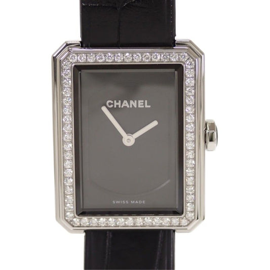 Chanel Boyfriend Watch Diamond Stainless Steel Leather Quartz Black Dial