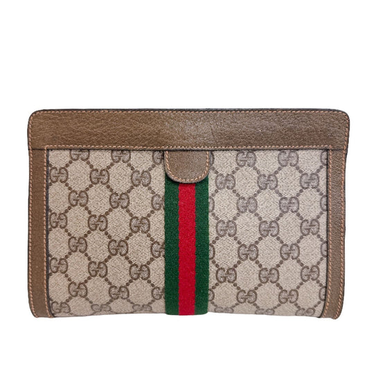 Gucci Vintage Sherry Line GG Pattern Makeup Pouch Vanity Clutch Second Brown