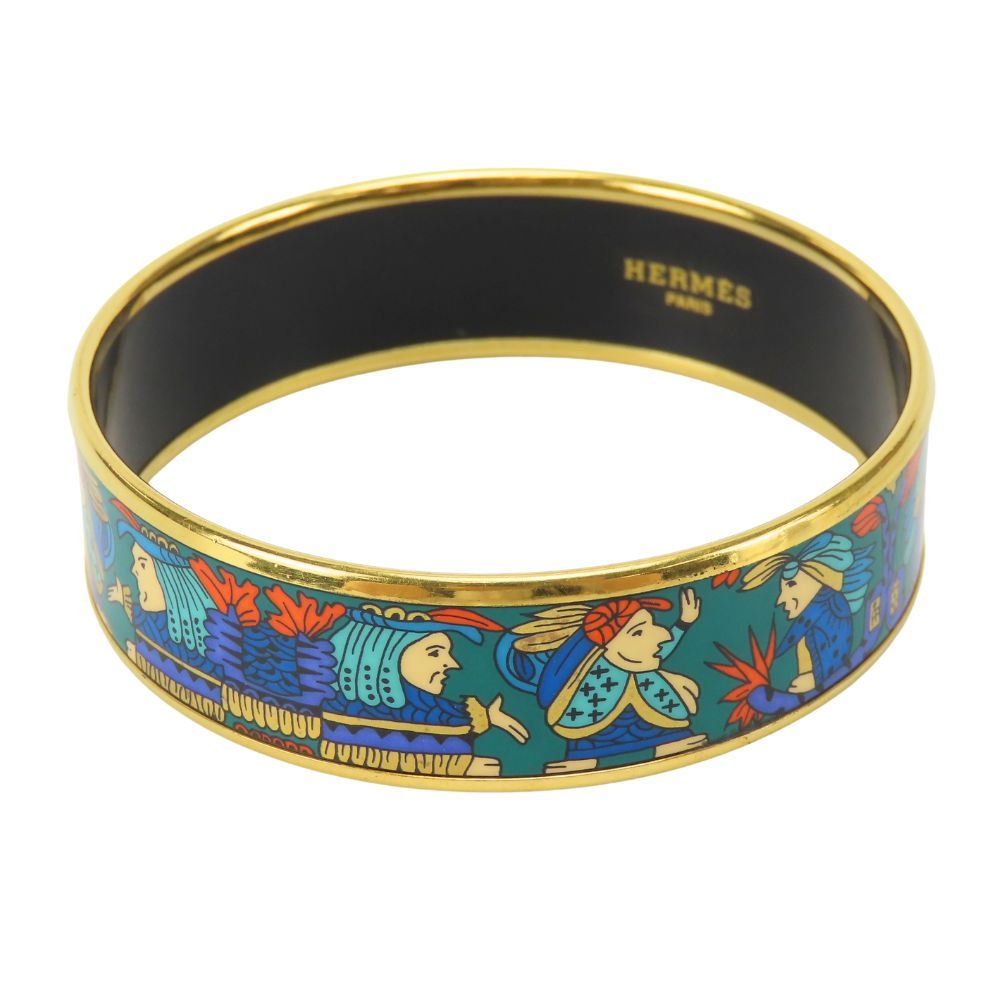 Hermes Bracelet Enamel GM Indian Motif Metal Green Blue Gold Bangle Plated