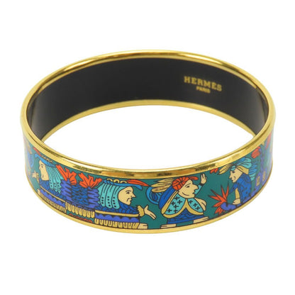 Hermes Bracelet Enamel GM Indian Motif Metal Green Blue Gold Bangle Plated