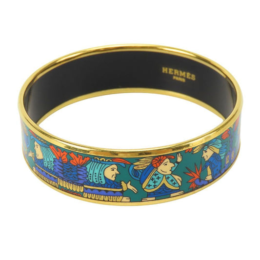 Hermes Bracelet Enamel GM Indian Motif Metal Green Blue Gold Bangle Plated
