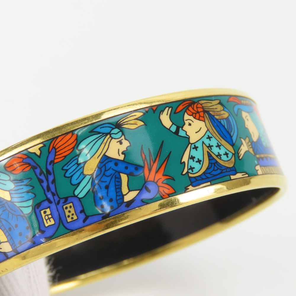 Hermes Bracelet Enamel GM Indian Motif Metal Green Blue Gold Bangle Plated — view 6