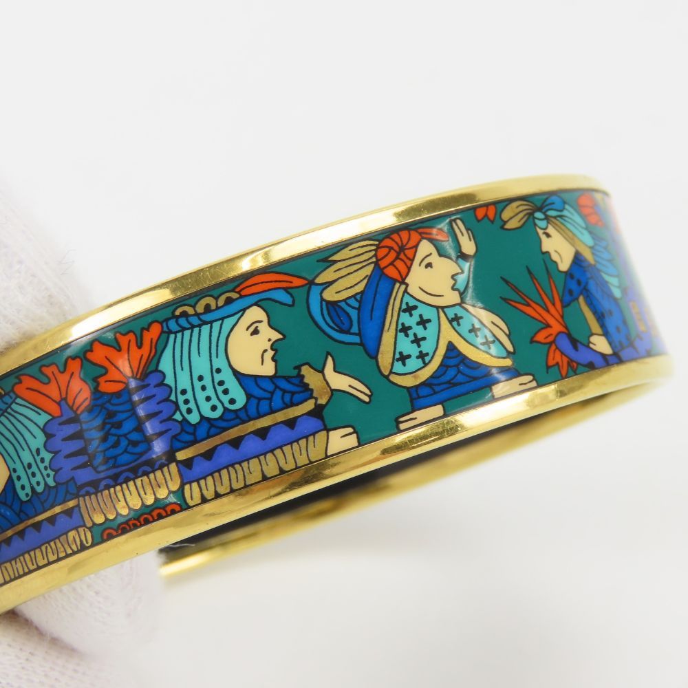 Hermes Bracelet Enamel GM Indian Motif Metal Green Blue Gold Bangle Plated — view 5