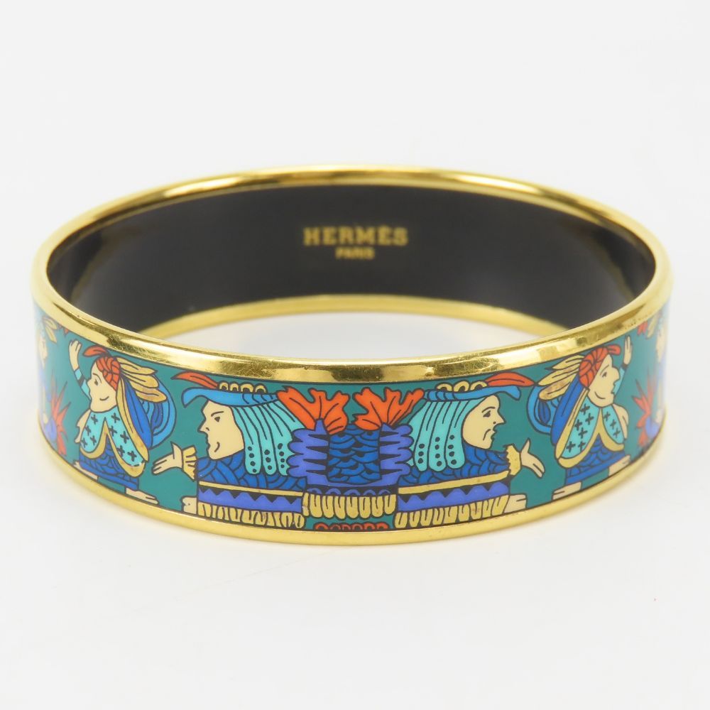 Hermes Bracelet Enamel GM Indian Motif Metal Green Blue Gold Bangle Plated — view 2