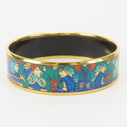 Hermes Bracelet Enamel GM Indian Motif Metal Green Blue Gold Bangle Plated — view 3