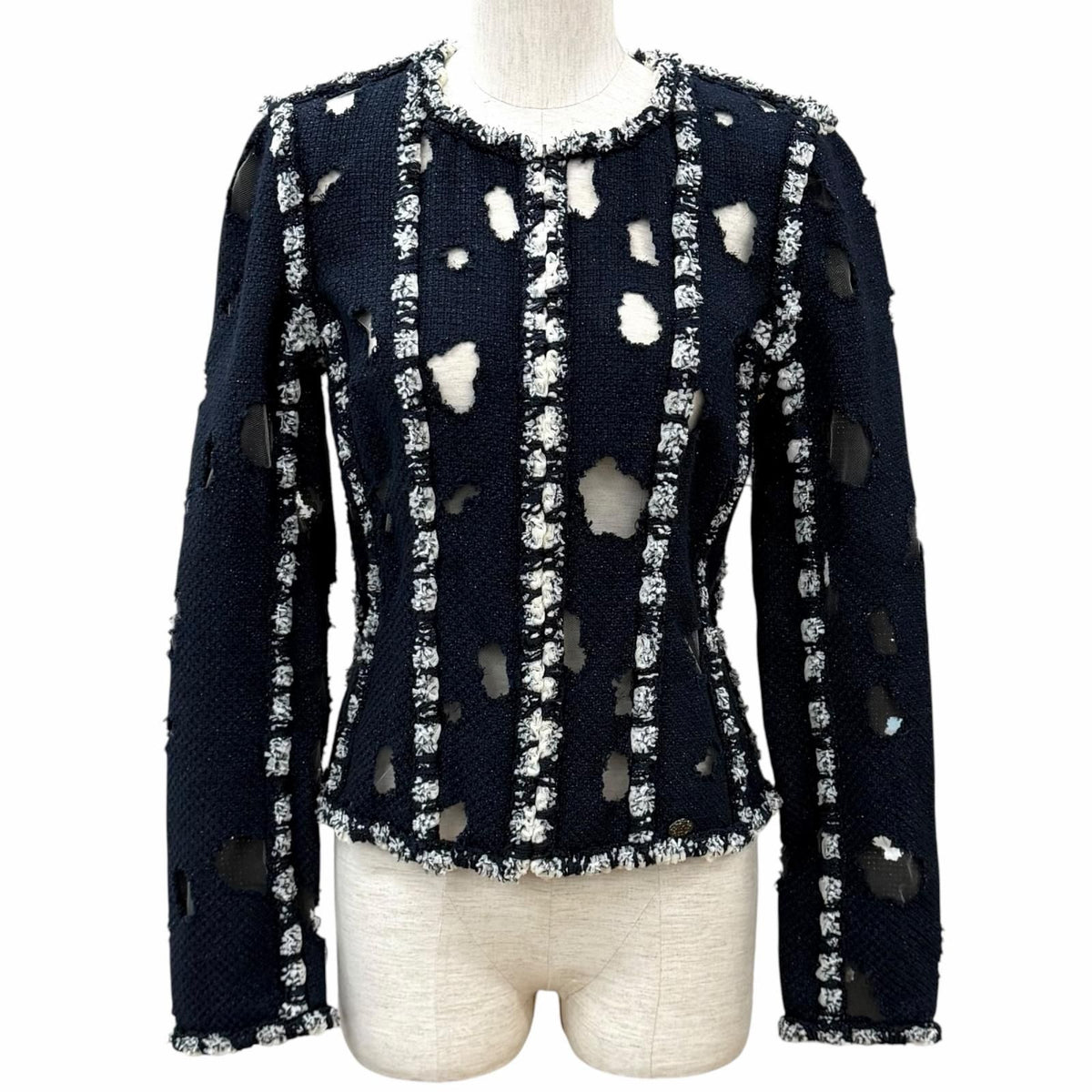 Chanel Mesh Glitter Tweed Zip UP Collarless Jacket Navy 36