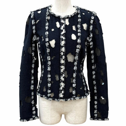 Chanel Mesh Glitter Tweed Zip UP Collarless Jacket Navy 36