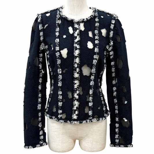 Chanel Mesh Glitter Tweed Zip UP Collarless Jacket Navy 36