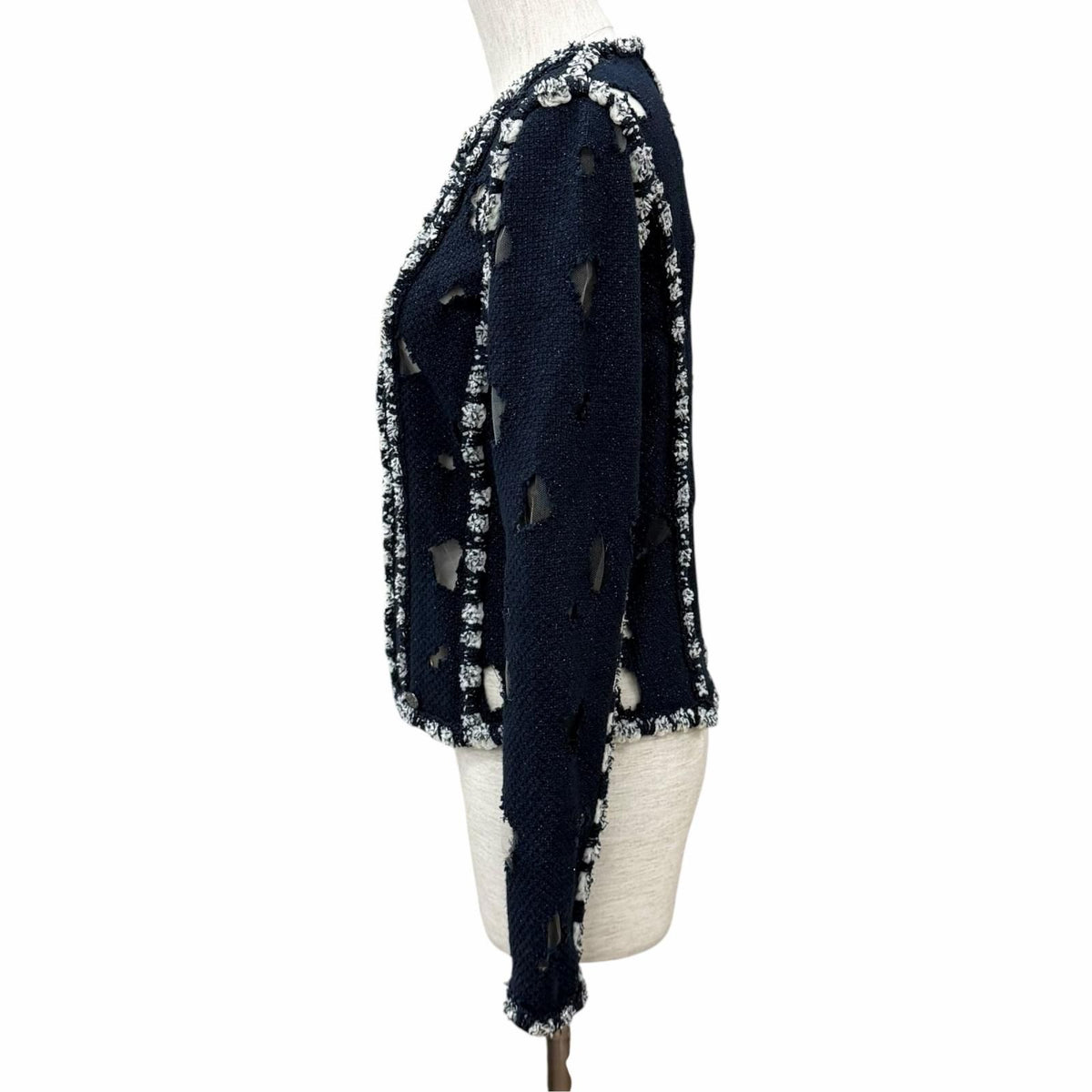 Chanel Mesh Glitter Tweed Zip UP Collarless Jacket Navy 36 — view 3