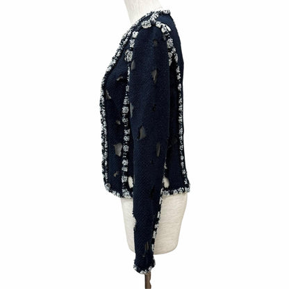 Chanel Mesh Glitter Tweed Zip UP Collarless Jacket Navy 36 — view 3