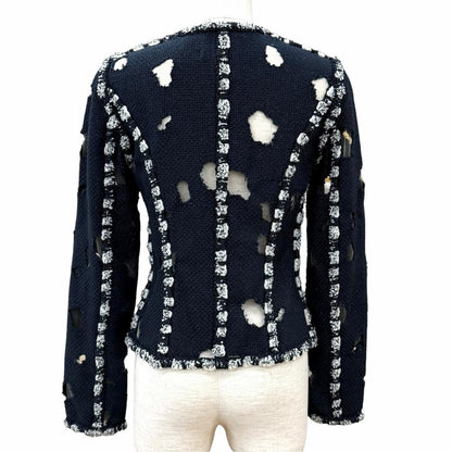 Chanel Mesh Glitter Tweed Zip UP Collarless Jacket Navy 36 — view 4