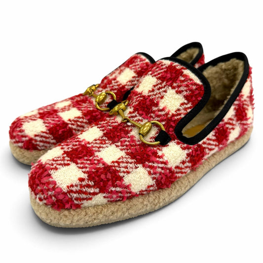 Gucci Horsebit Shearling Tweed Slip-on Red White Gold Slippers