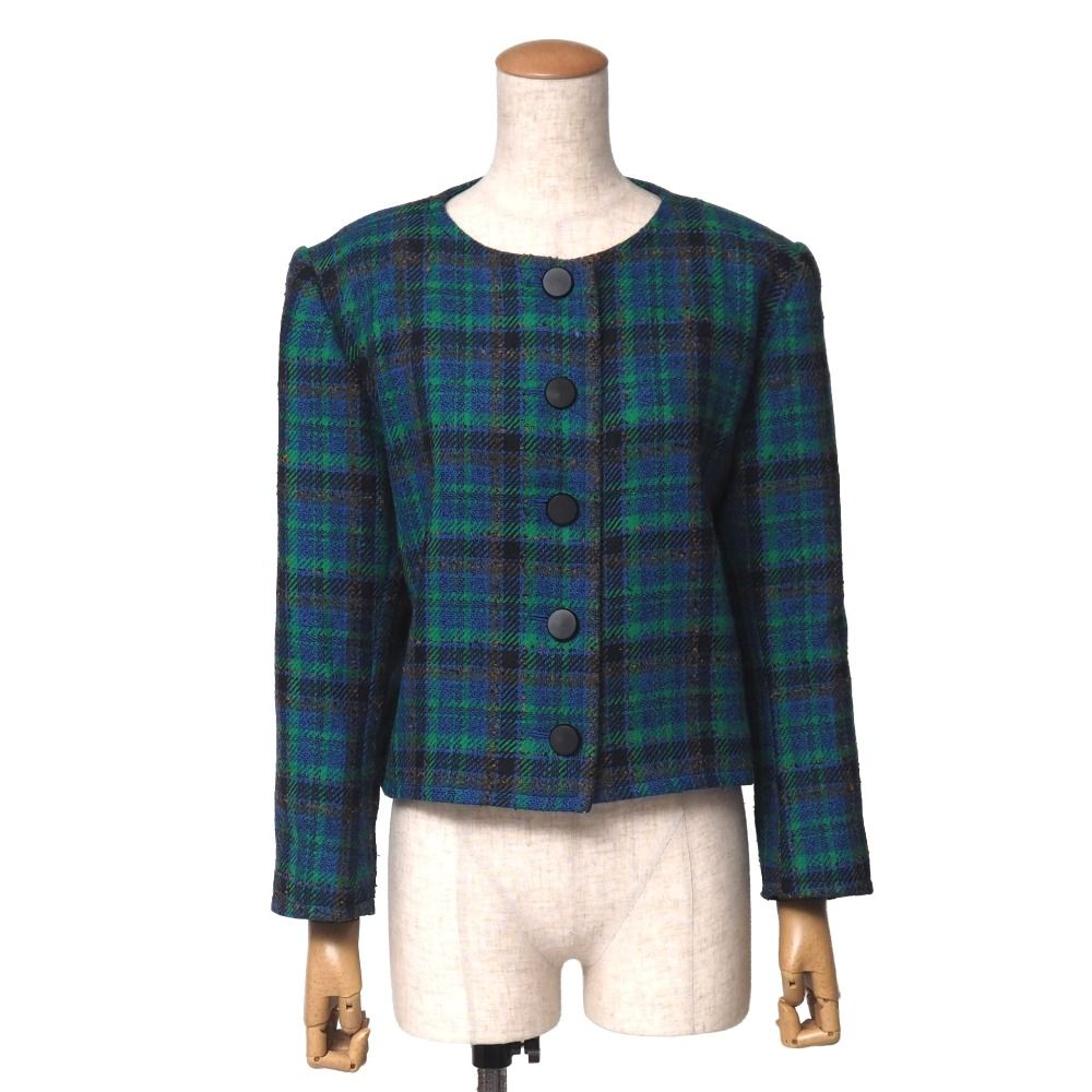 Saint Laurent Vintage Collarless Jacket Check Tweed M