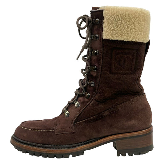 Chanel Short Boots Dark Brown Ivory Sports Line Lace-up Shearling