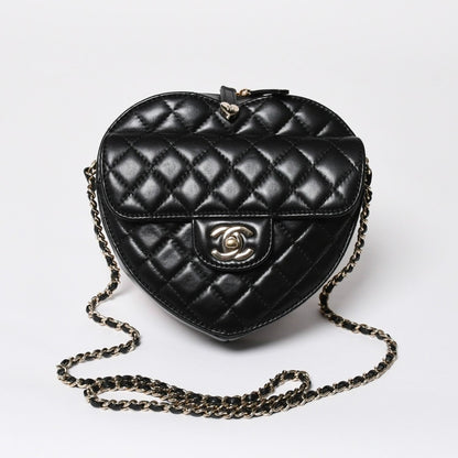 Chanel Heart Chain Shoulder Bag CC Logo Lambskin Black