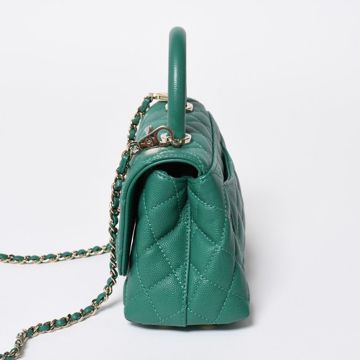 Chanel Top Handle 2-Way Bag CC Logo Caviar Leather Green Gold — view 4
