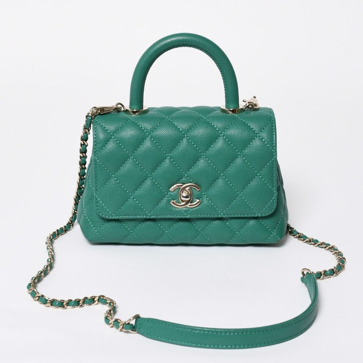 Chanel Top Handle 2-Way Bag CC Logo Caviar Leather Green Gold