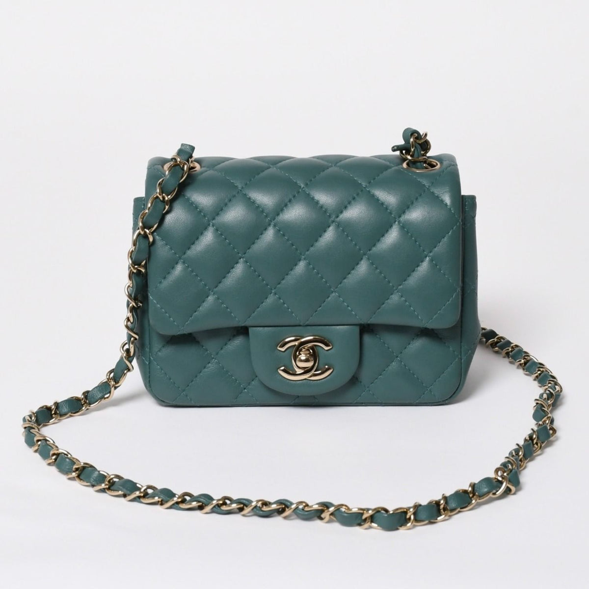 Chanel Mini Quilted 16 S Chain Shoulder Bag CC Logo Lambskin Green