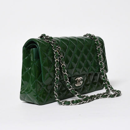 Chanel Quilted 25 Double Flap Chain Shoulder Bag Patent Green Silver — view 3