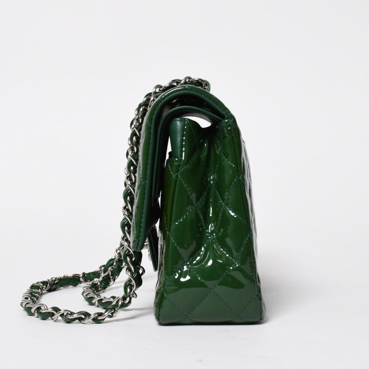 Chanel Quilted 25 Double Flap Chain Shoulder Bag Patent Green Silver — view 4